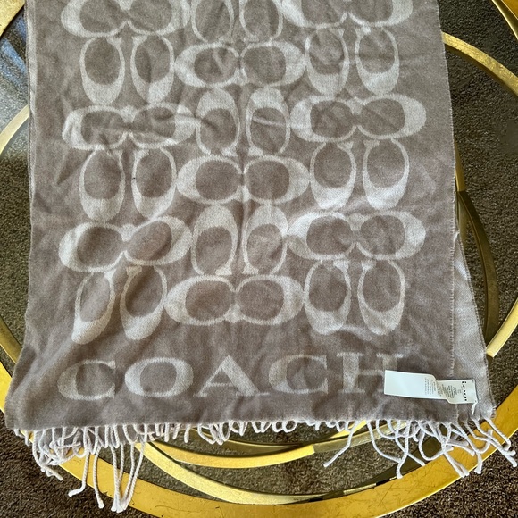 Large Coach F76384 Signature Twill Fringe Logo Wool Cashmere Scarf Grey Beige - Picture 1 of 2